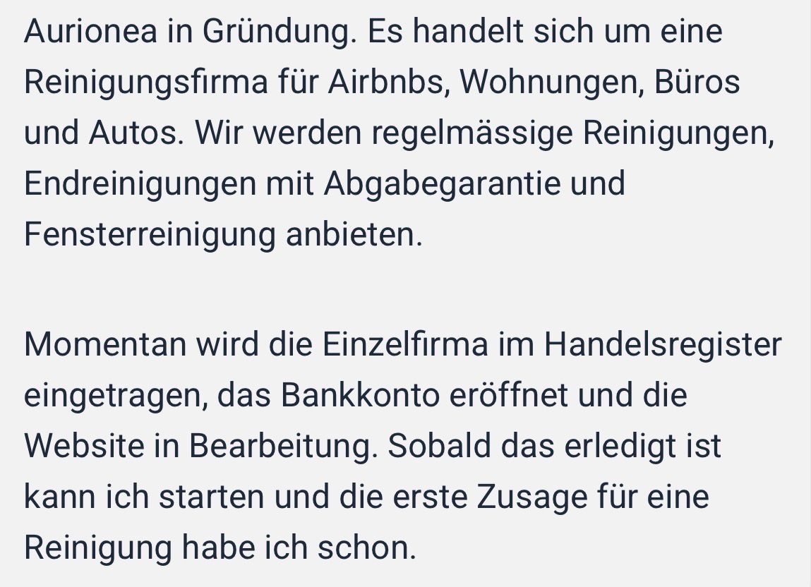 Community-Screenshot: Gruendung der Reinigungsfirma Aurionea