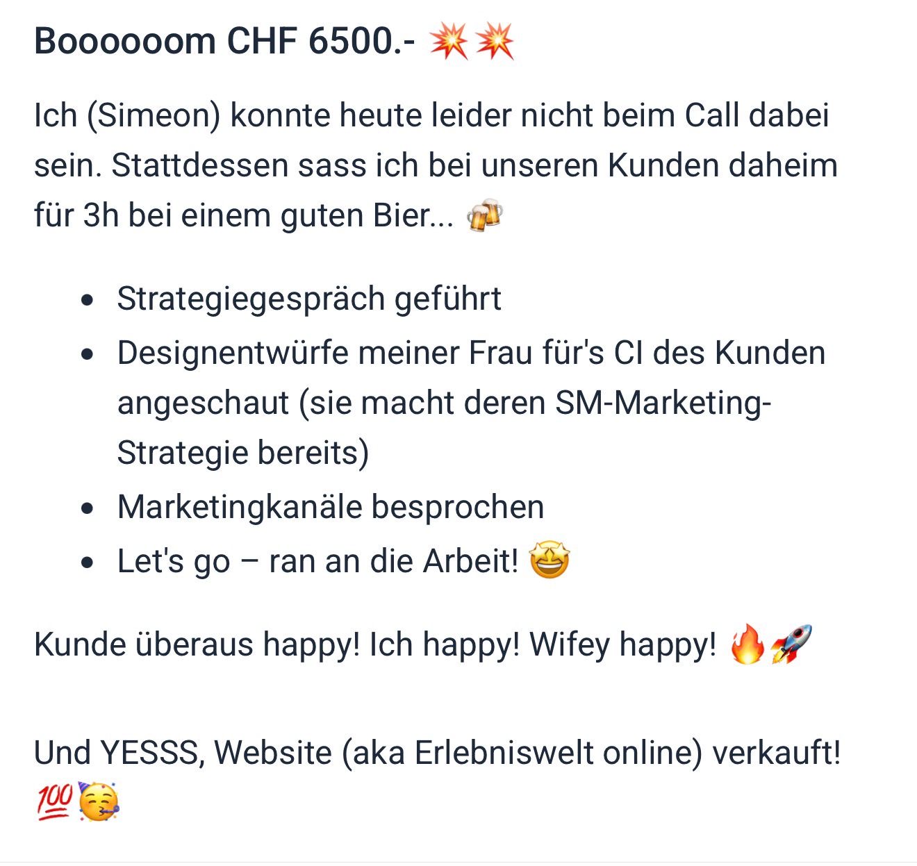 Community-Screenshot: Boooom CHF 6500, Ergebnis nach dem Weekly Call