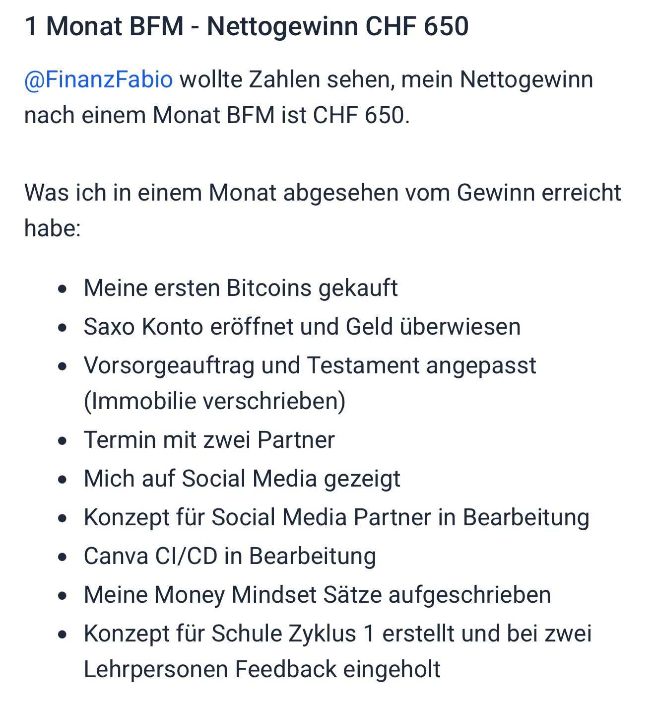 Community-Screenshot: 1 Monat BFM, Nettogewinn CHF 650