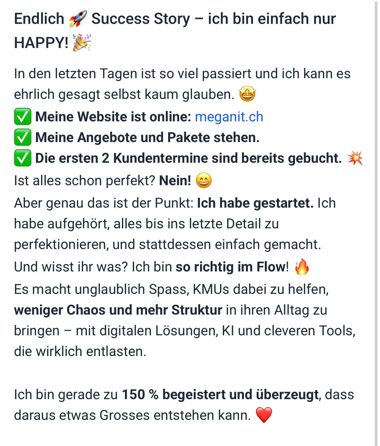 Community-Screenshot: Success Story, eigene Website und erste Kundentermine gebucht