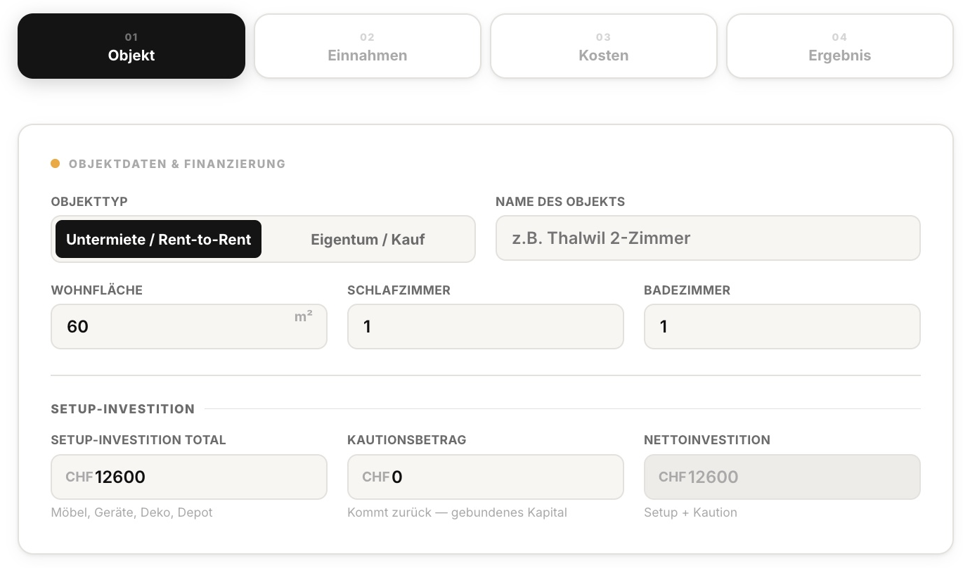 Screenshot des Airbnb-Renditerechners: Eingabemaske fuer Objektdaten und Finanzierung